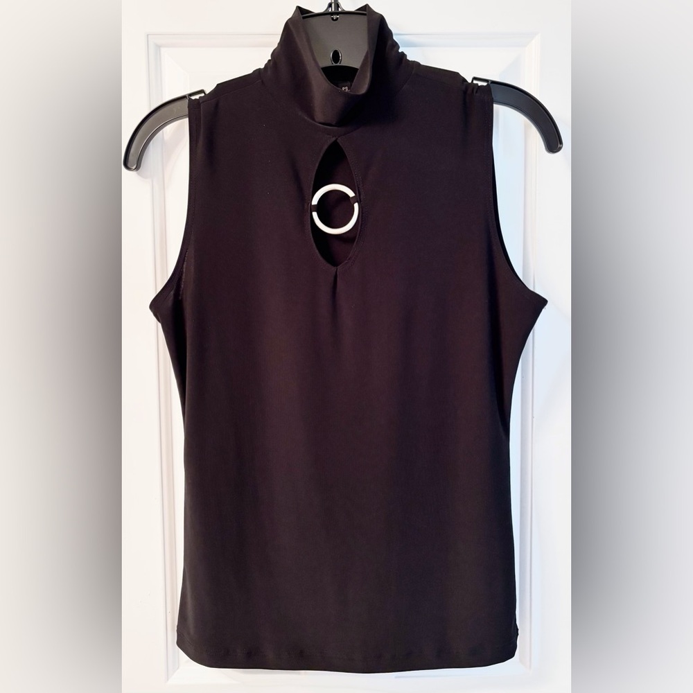 Sleeveless Black Mock Neck Top with Silver Metal Ring Detail